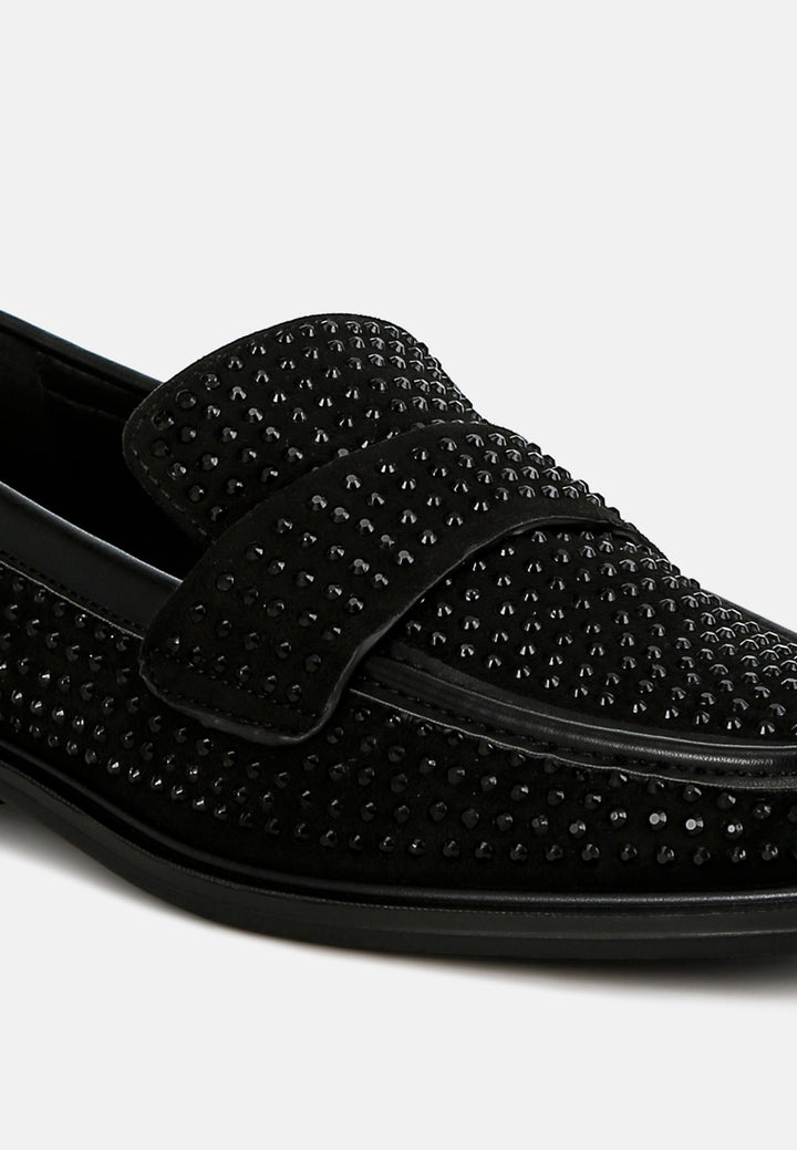 women rhinestones embellished loafers#color_black