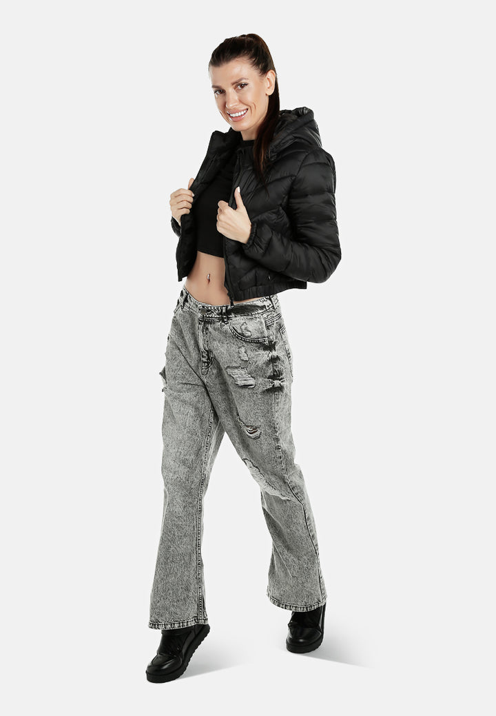 women cropped down hooded jacket#color_black