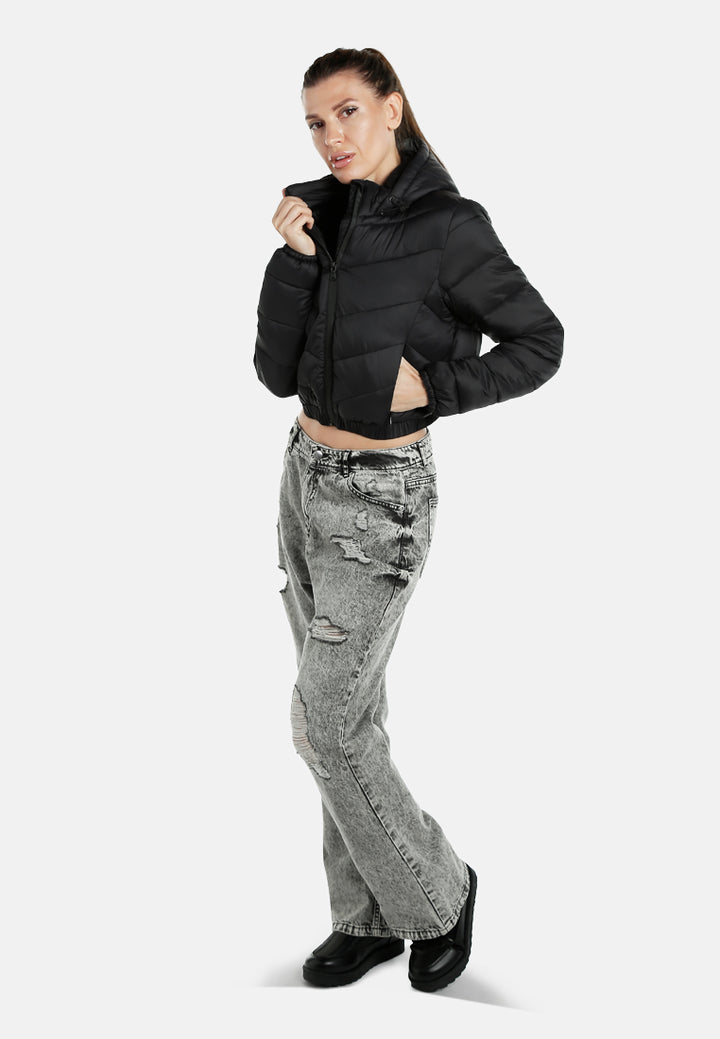 women cropped down hooded jacket#color_black