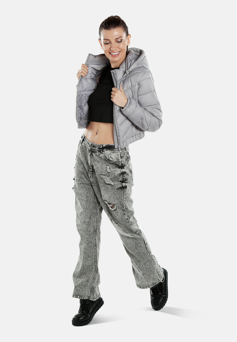 women cropped down hooded jacket#color_grey