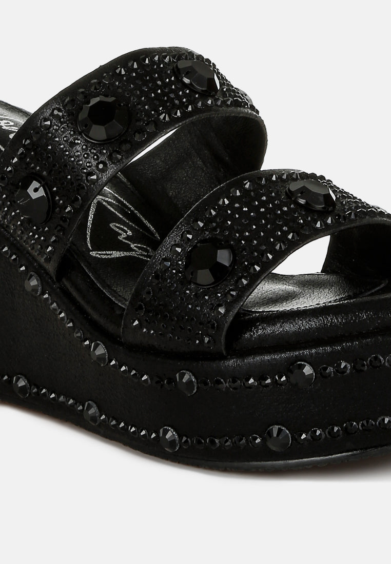 rhinestone & diamante wedge sandals#color_black