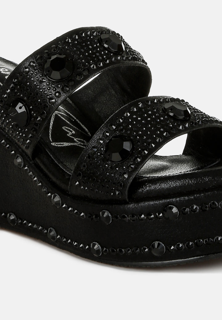 rhinestone & diamante wedge sandals#color_black