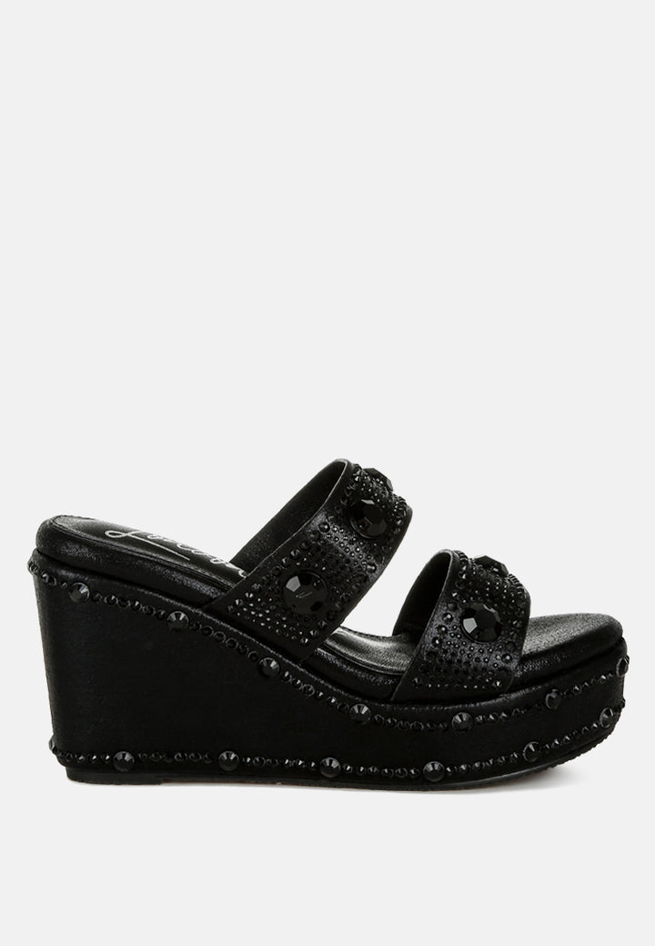 rhinestone & diamante wedge sandals#color_black