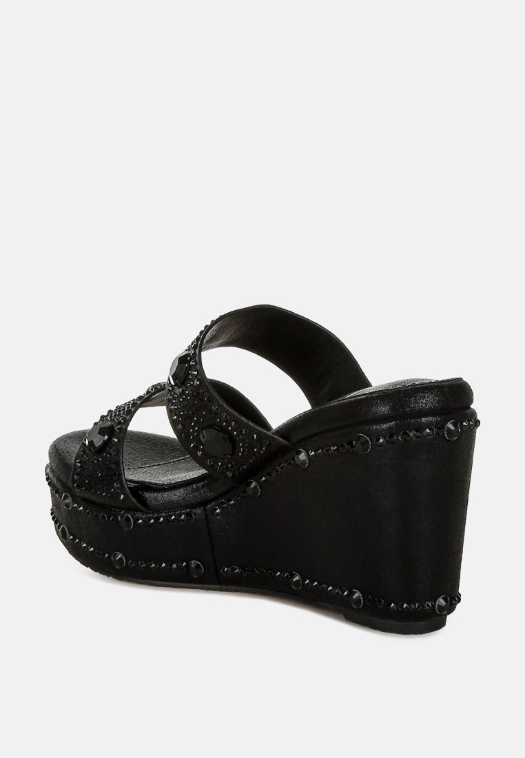 rhinestone & diamante wedge sandals#color_black
