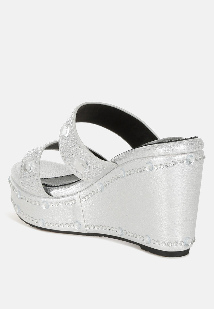 rhinestone & diamante wedge sandals#color_silver