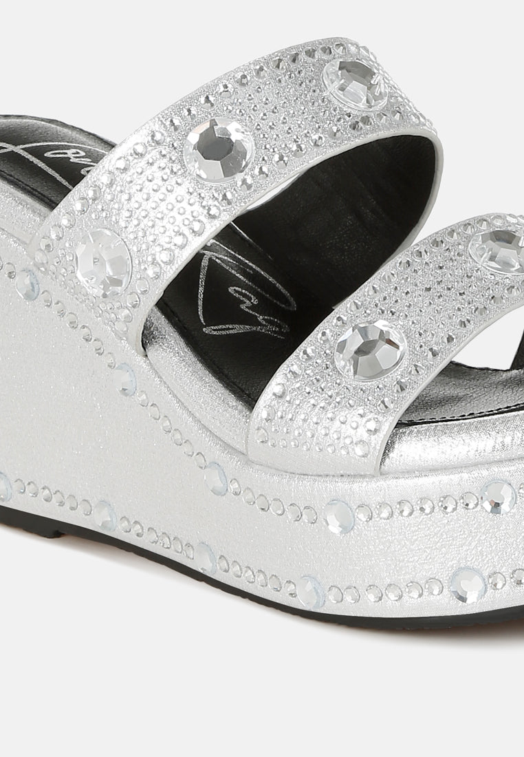rhinestone & diamante wedge sandals#color_silver