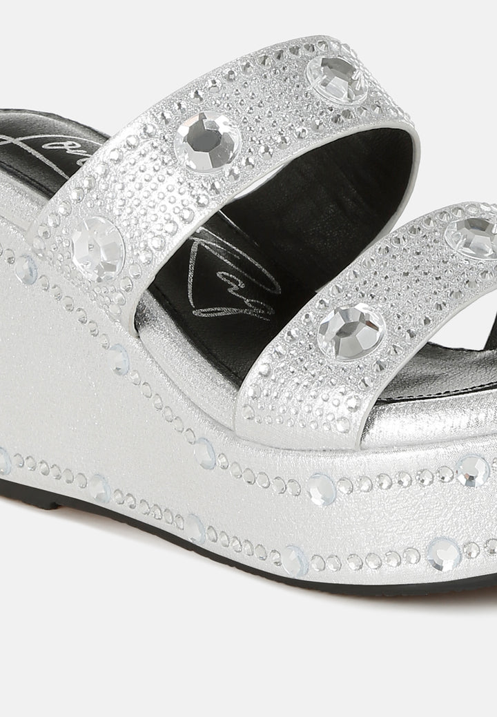 rhinestone & diamante wedge sandals#color_silver
