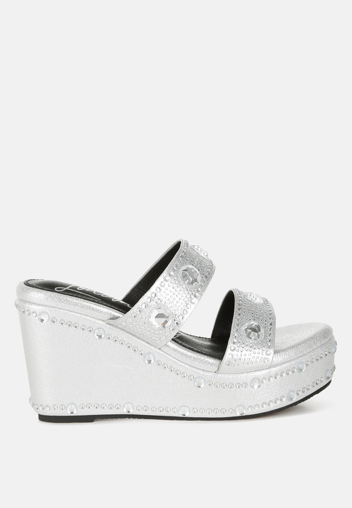rhinestone & diamante wedge sandals#color_silver