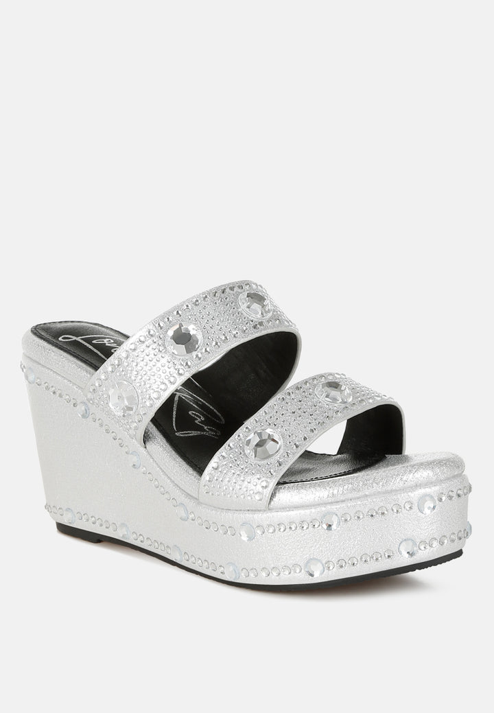 rhinestone & diamante wedge sandals#color_silver