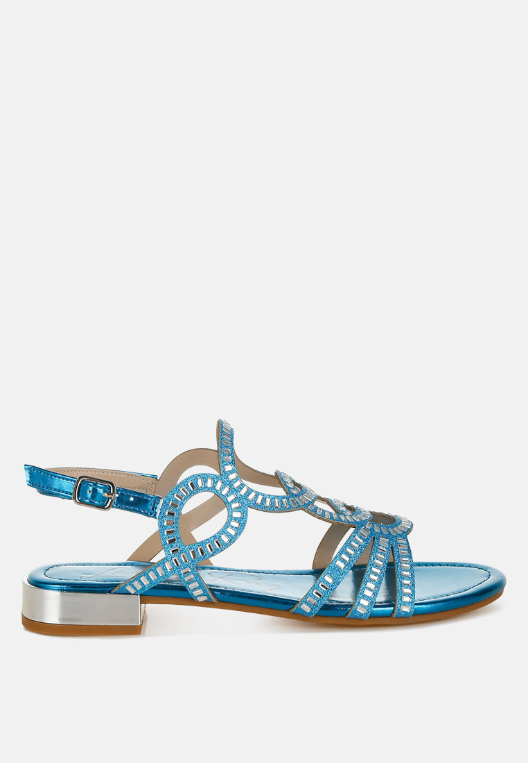women cut out detail rhinestone flat sandals#color_denim-blue