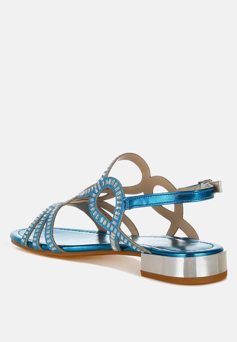 women cut out detail rhinestone flat sandals#color_denim-blue