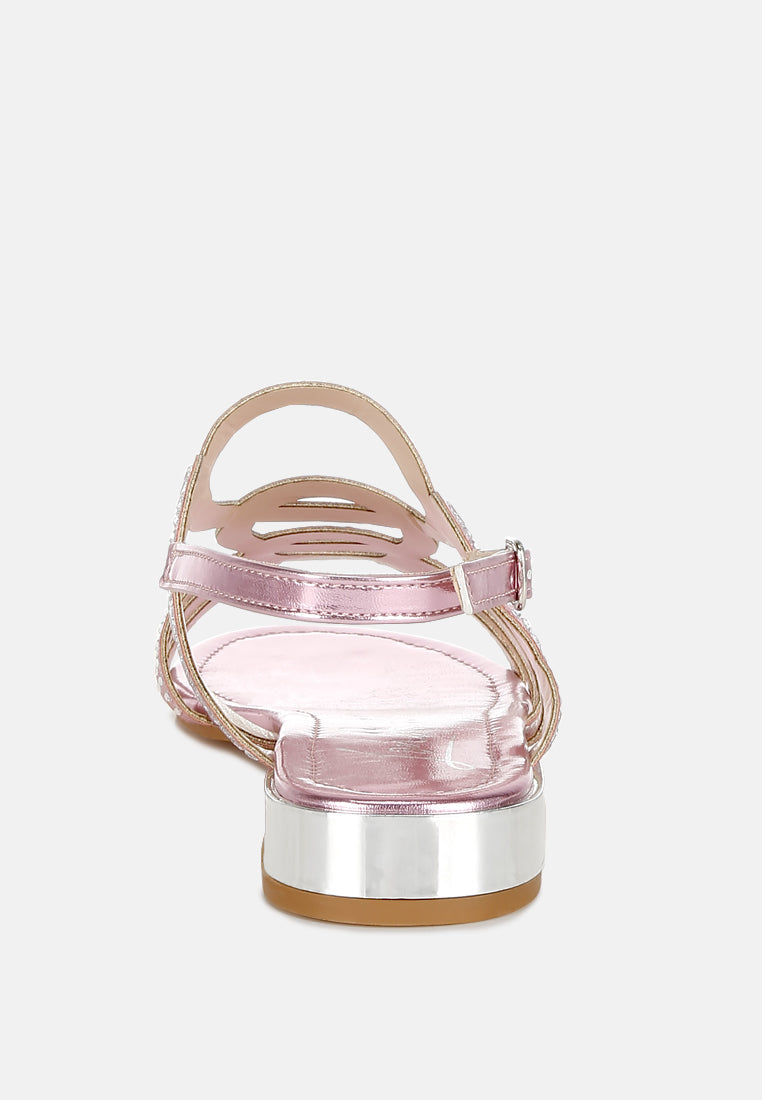women cut out detail rhinestone flat sandals#color_pink