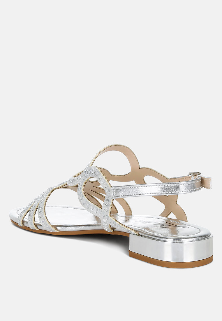 women cut out detail rhinestone flat sandals#color_silver