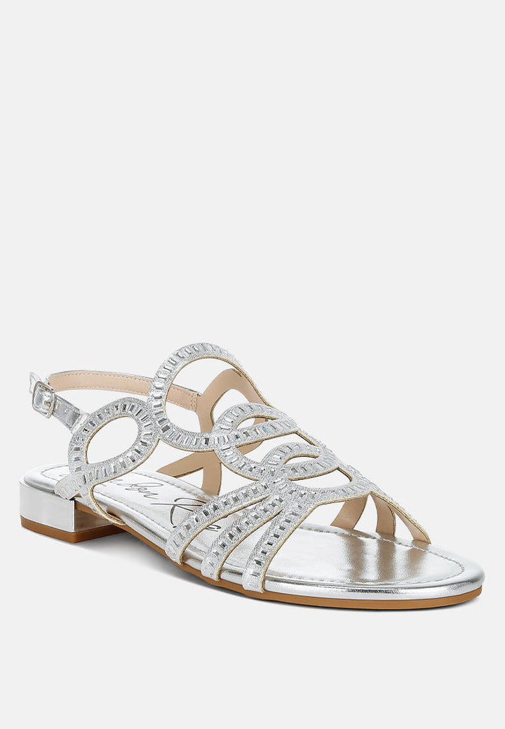 women cut out detail rhinestone flat sandals#color_silver