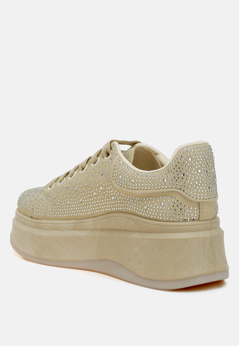 rhinestones embellished chunky sneakers#color_beige