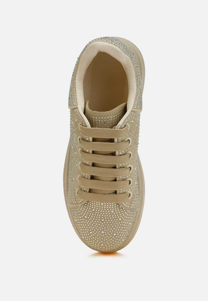 rhinestones embellished chunky sneakers#color_beige