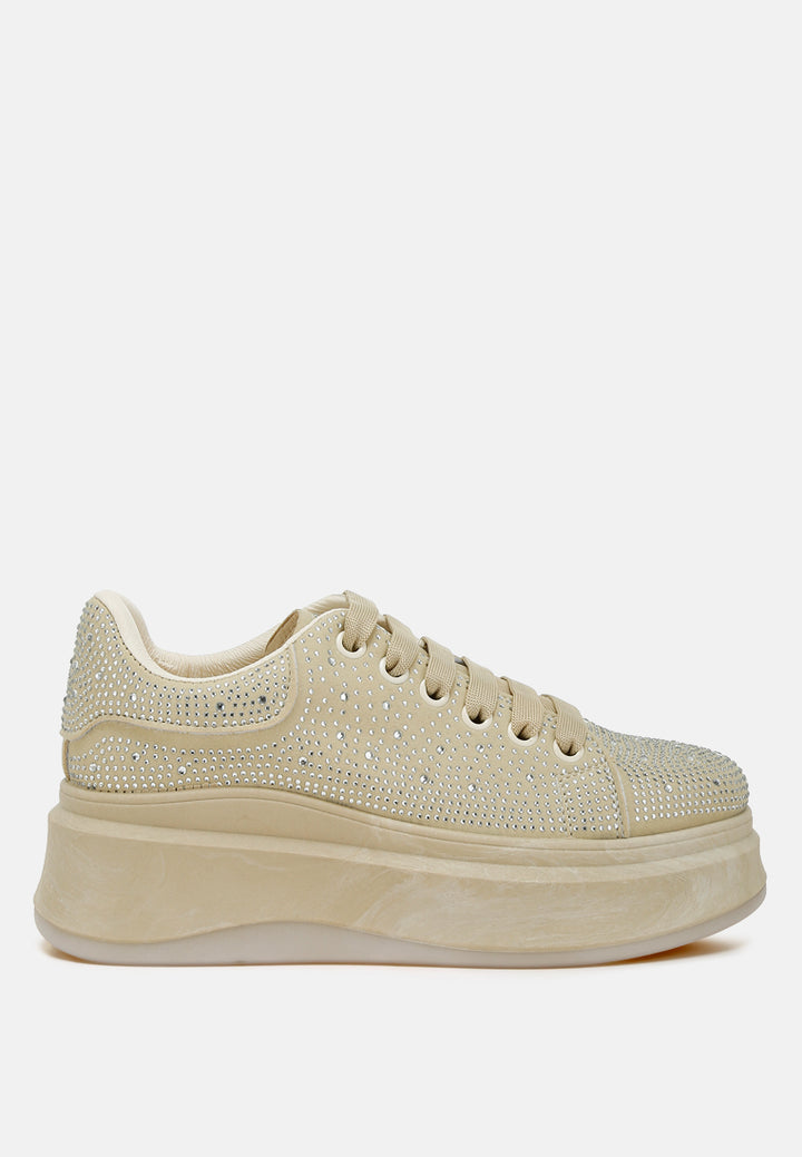 rhinestones embellished chunky sneakers#color_beige