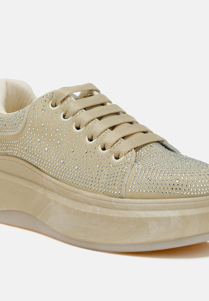rhinestones embellished chunky sneakers#color_beige