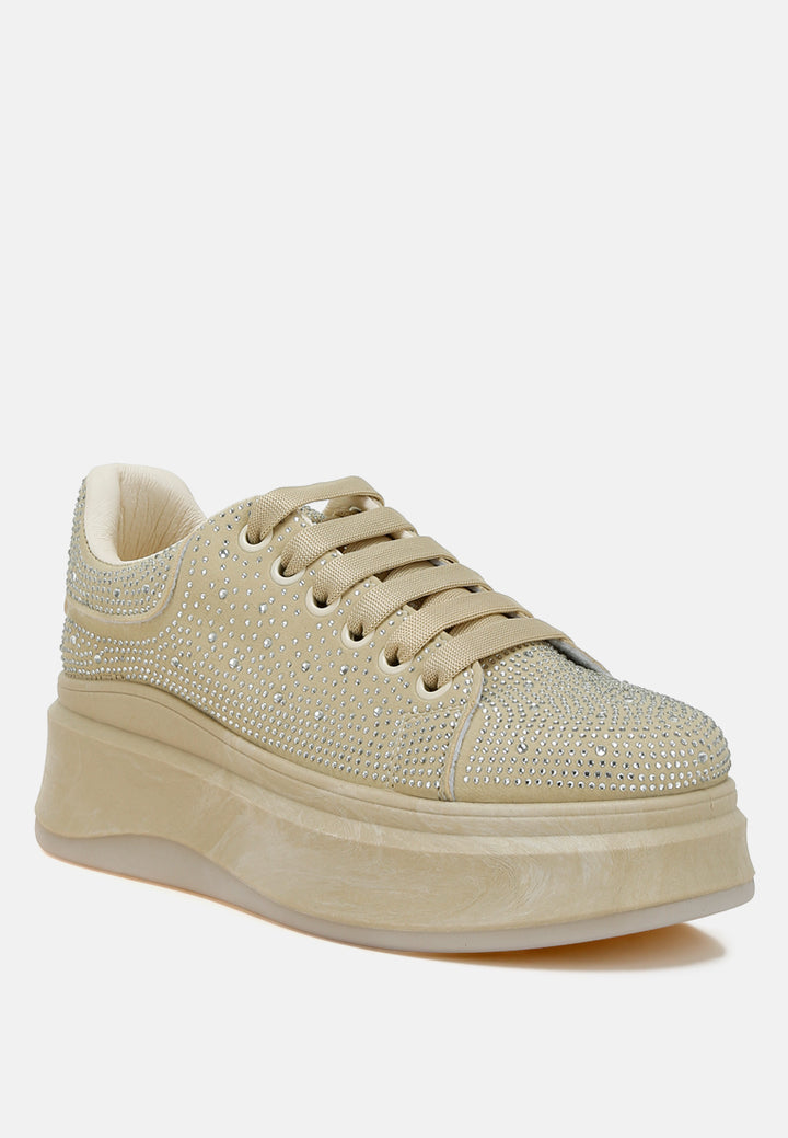 rhinestones embellished chunky sneakers#color_beige
