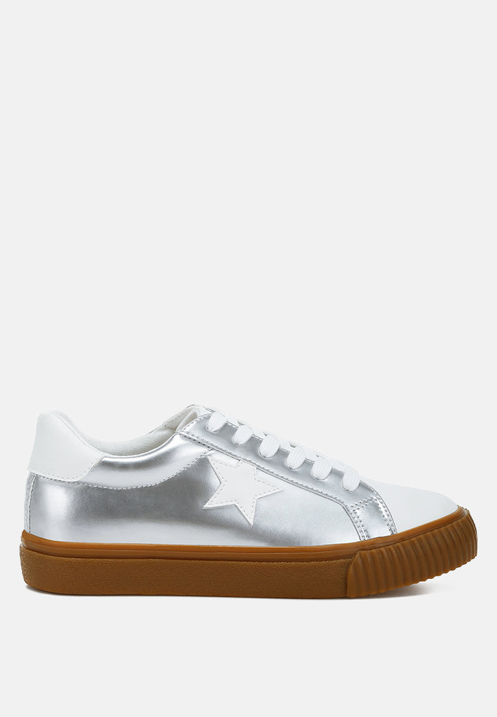 Women Metallic Faux Leather Star Sneakers#color_silver