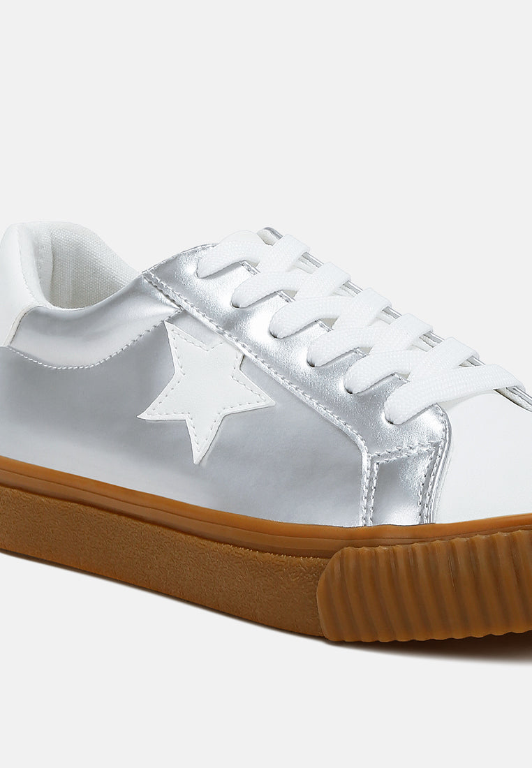 Women Metallic Faux Leather Star Sneakers#color_silver