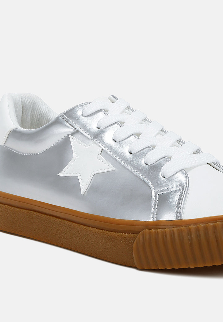 Women Metallic Faux Leather Star Sneakers#color_silver