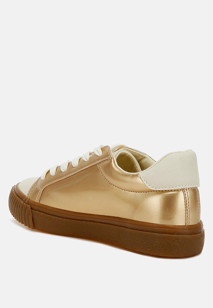 Women Metallic Faux Leather Star Sneakers#color_gold