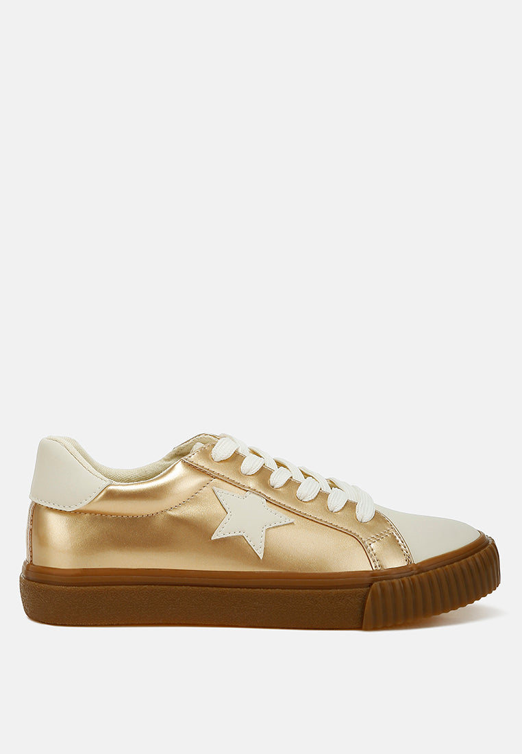 Women Metallic Faux Leather Star Sneakers#color_gold