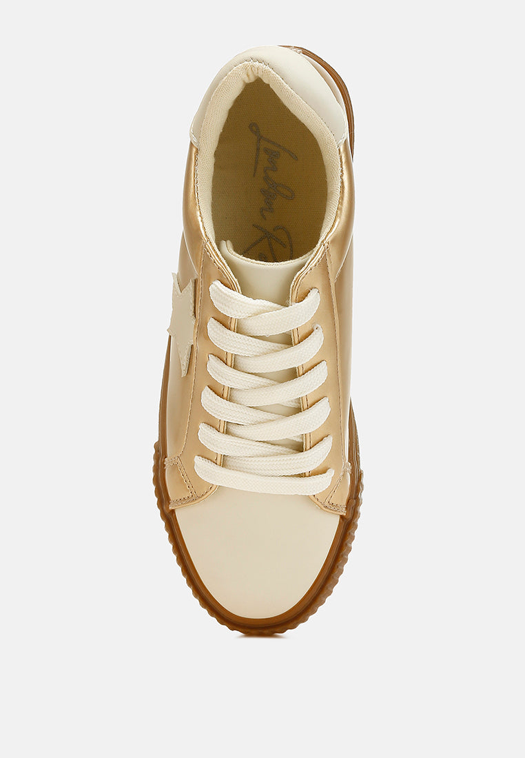 Women Metallic Faux Leather Star Sneakers#color_gold
