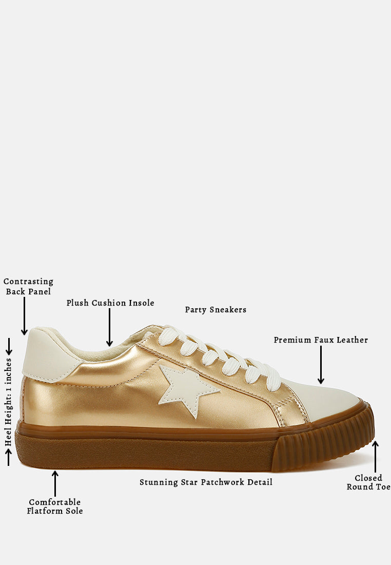 Women Metallic Faux Leather Star Sneakers#color_gold