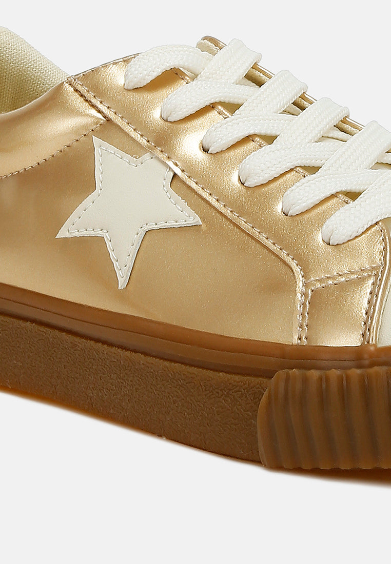Women Metallic Faux Leather Star Sneakers#color_gold