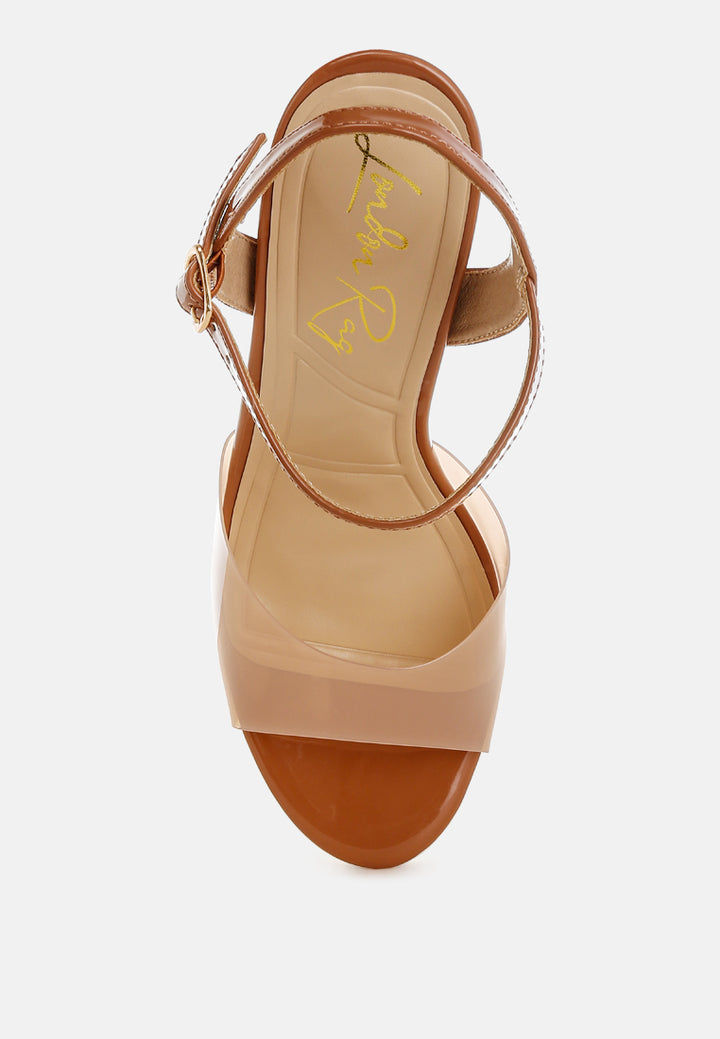 women tinted clear strap block heel sandals#color_tan