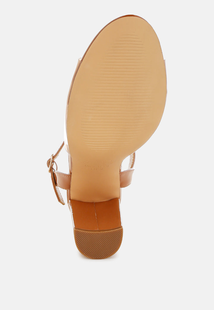 women tinted clear strap block heel sandals#color_tan