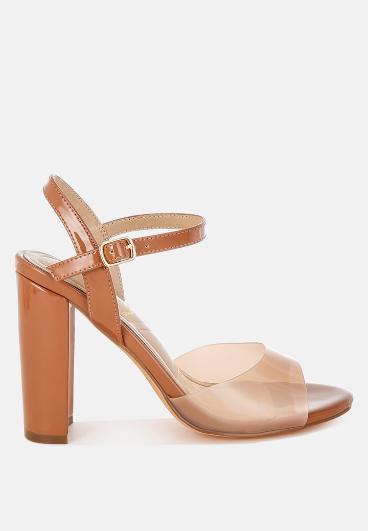 women tinted clear strap block heel sandals#color_tan
