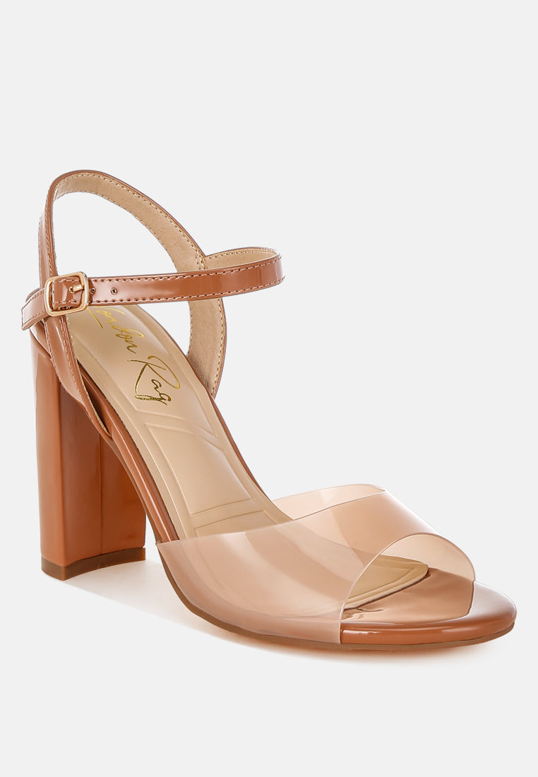 women tinted clear strap block heel sandals#color_tan