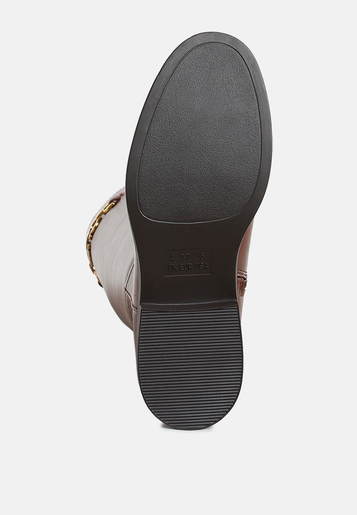 women metal chain link detail calf boots#color_tan