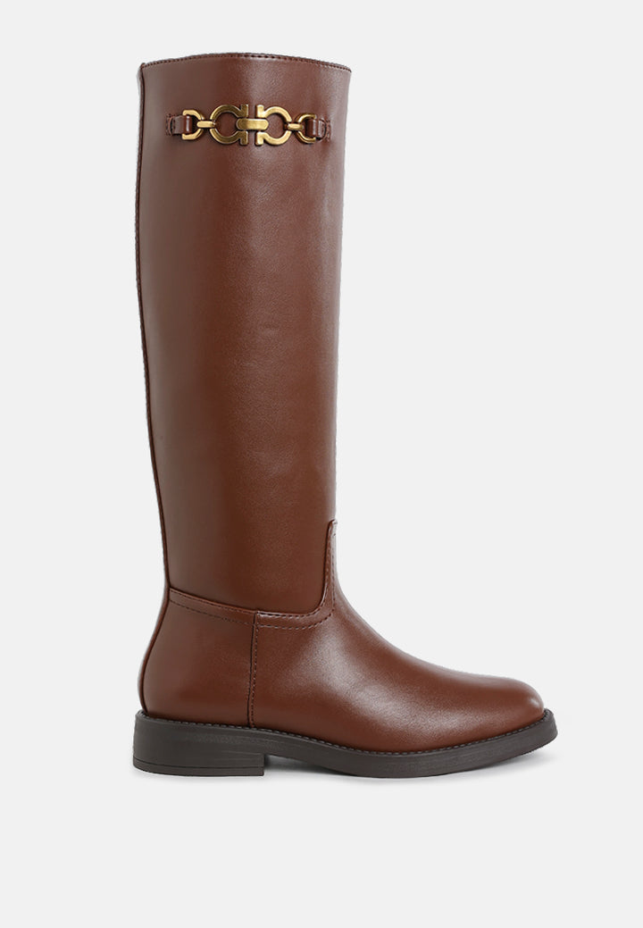 women metal chain link detail calf boots#color_tan