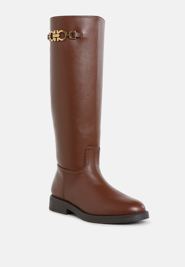 women metal chain link detail calf boots#color_tan