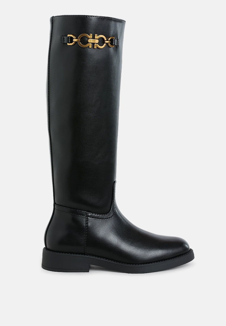 women metal chain link detail calf boots#color_black