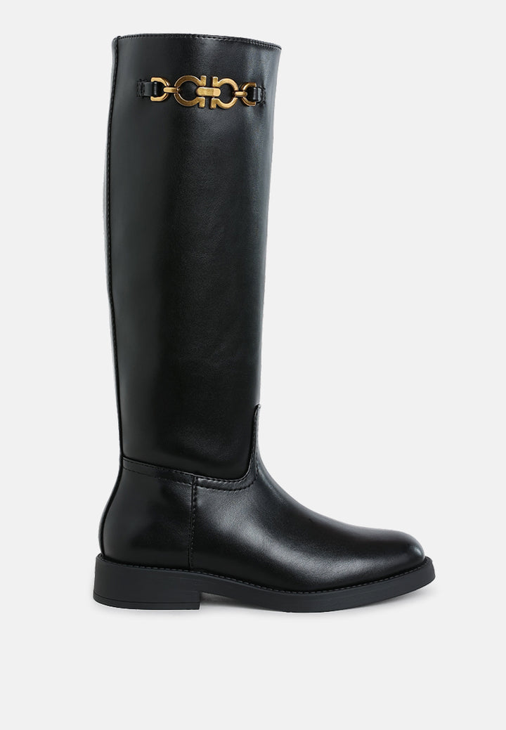 women metal chain link detail calf boots#color_black