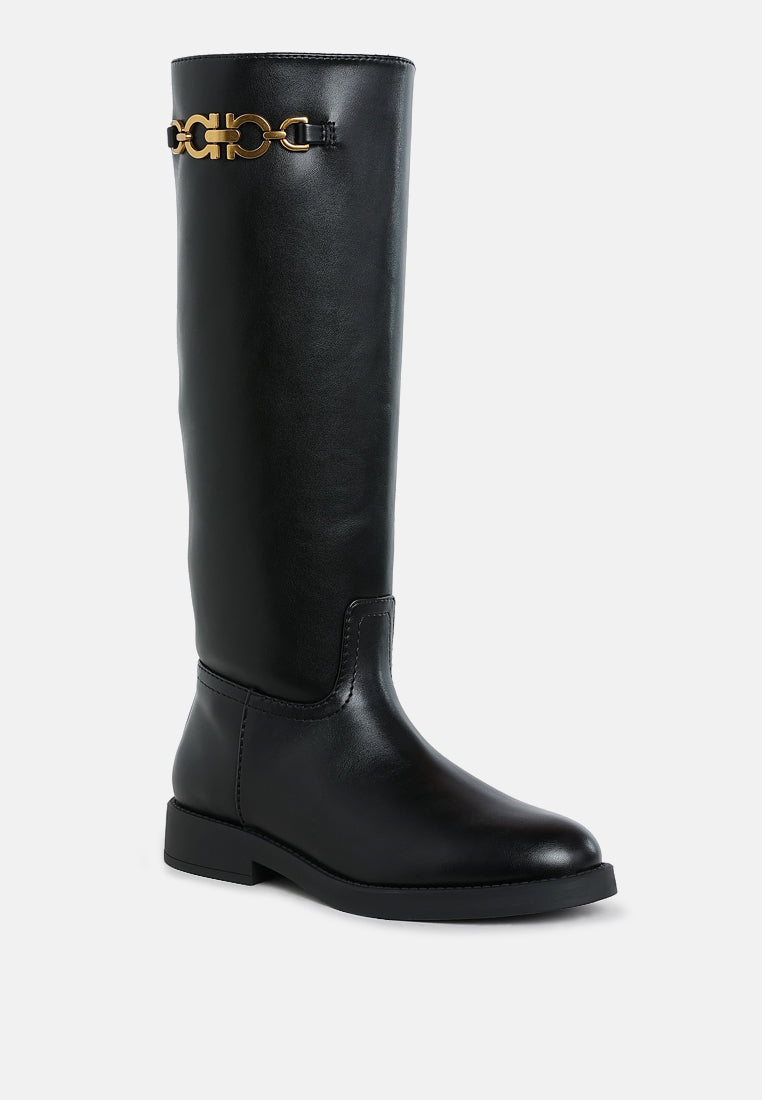 women metal chain link detail calf boots#color_black