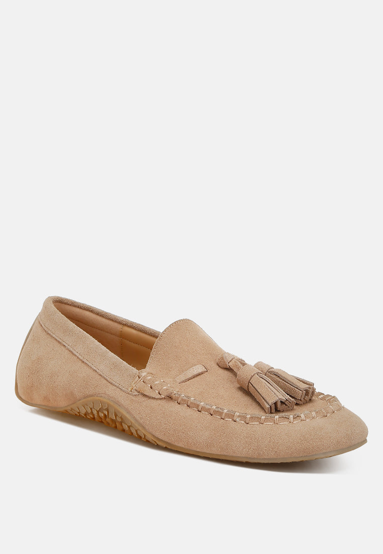 women suede round toe tassel loafers#color_beige