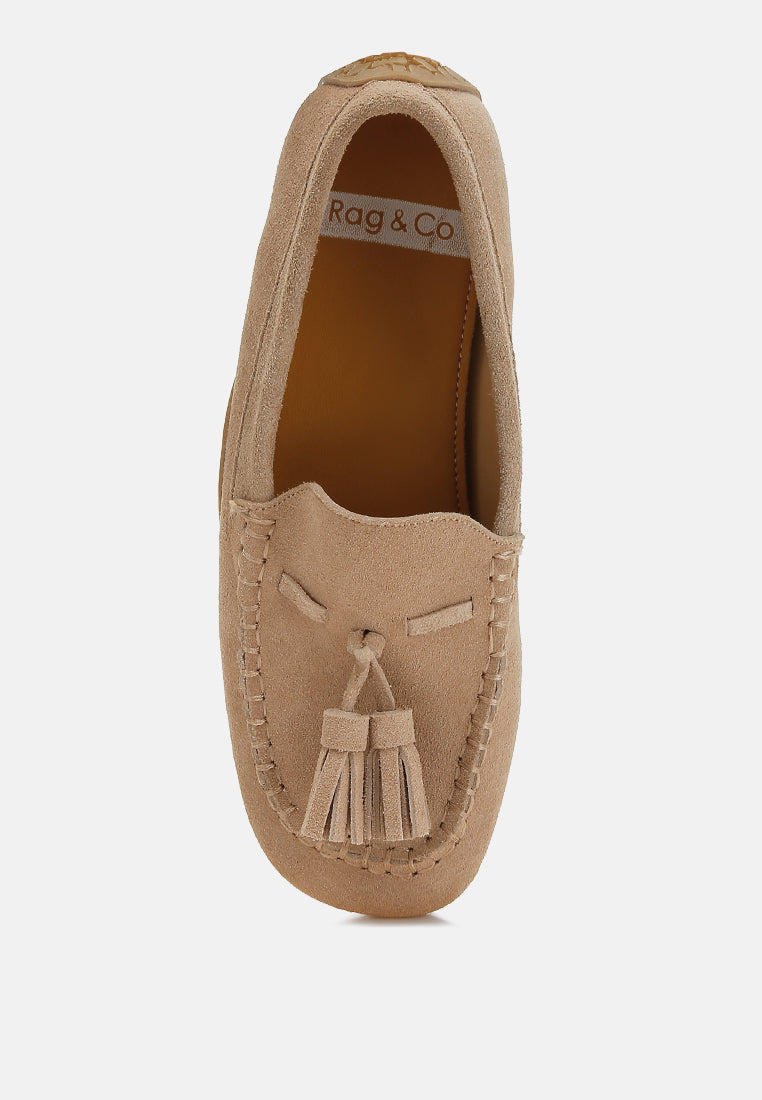 women suede round toe tassel loafers#color_beige