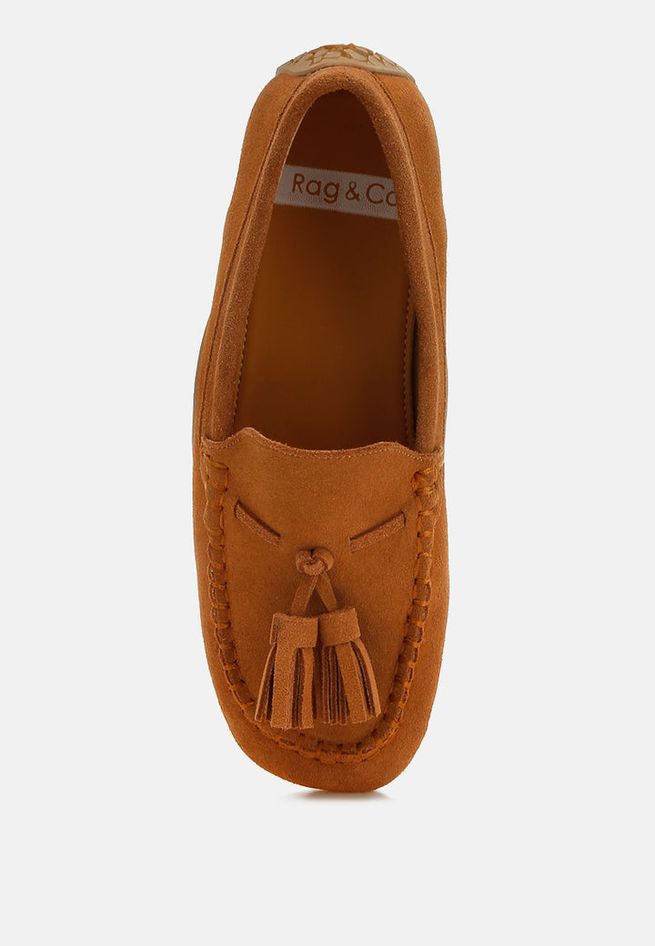 women suede round toe tassel loafers#color_tan