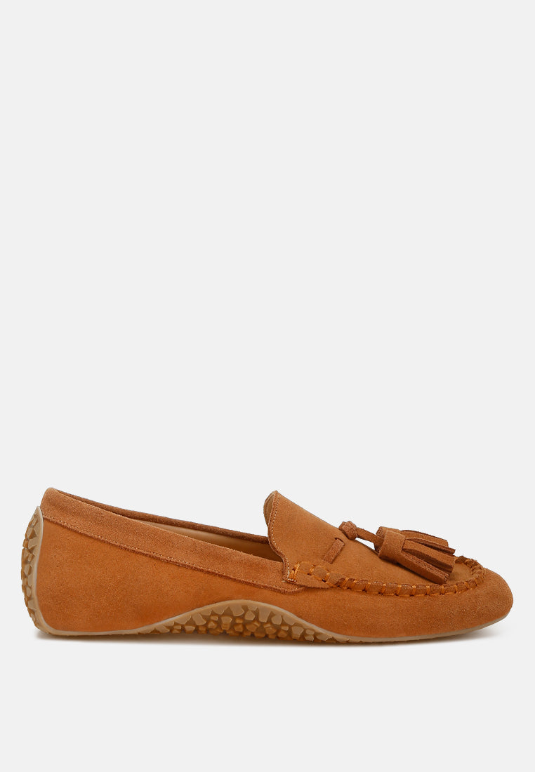 women suede round toe tassel loafers#color_tan