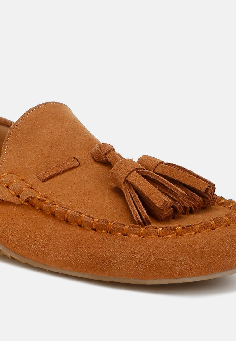 women suede round toe tassel loafers#color_tan