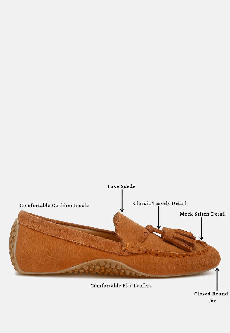 women suede round toe tassel loafers#color_tan