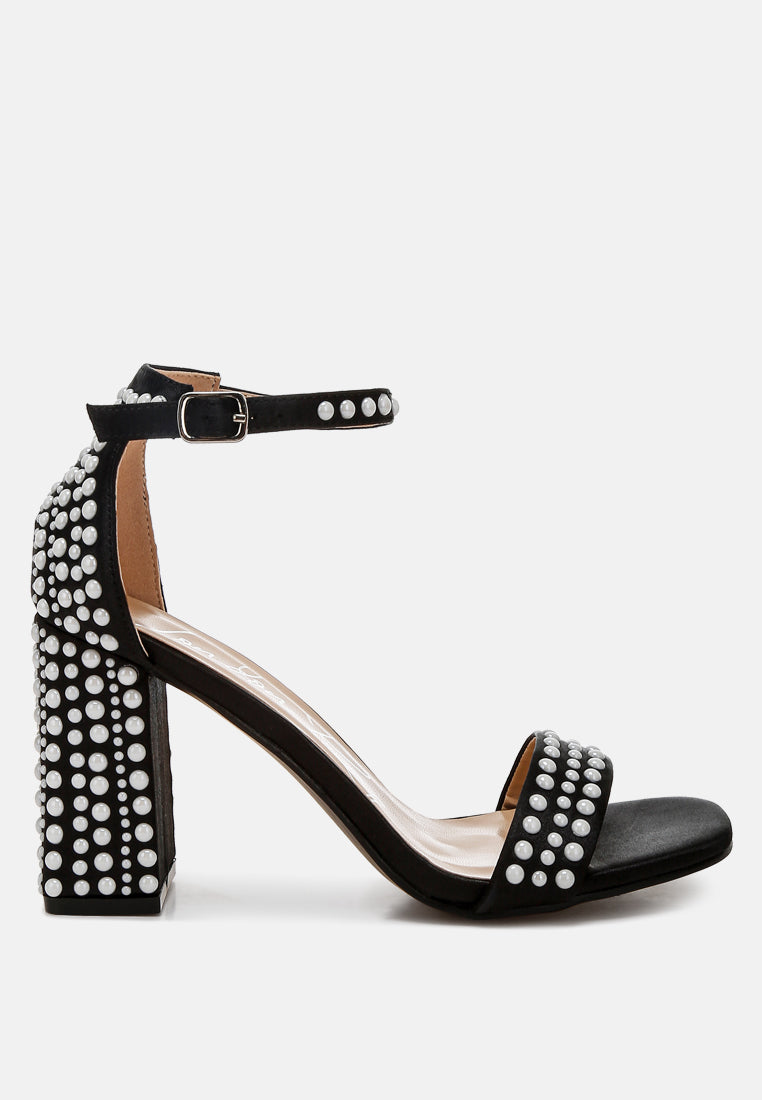 women pearls embellished satin sandals#color_black