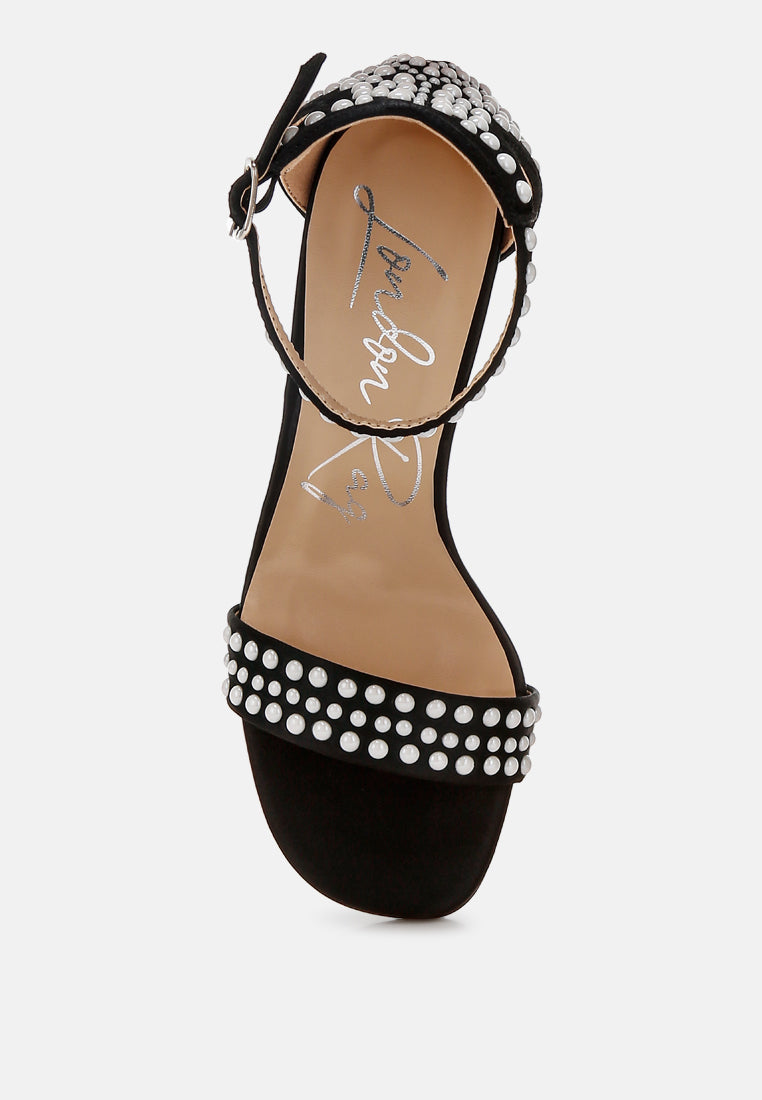 women pearls embellished satin sandals#color_black