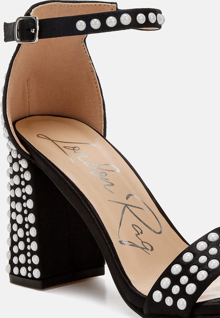 women pearls embellished satin sandals#color_black